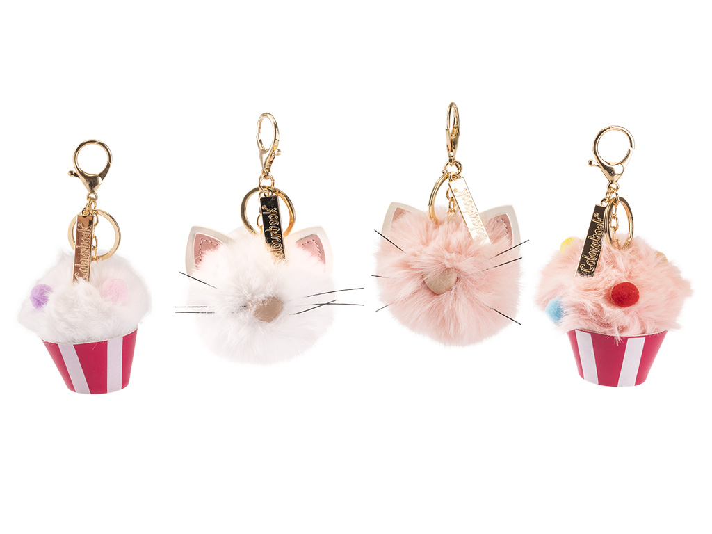 4 portachiavi Pompon Colourbook in fantasia gatto e pop corn