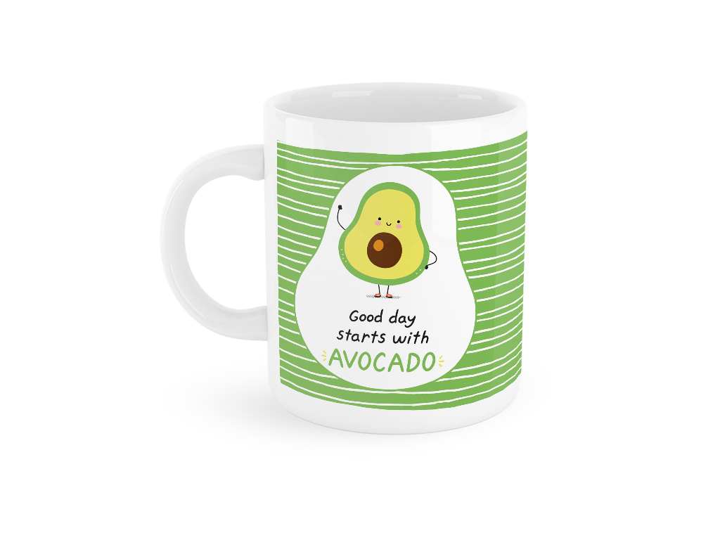 Tazza My Mug Avocado con fantasia a tema in righe orizzontali verde e bianco e personaggini Dado e Ada in primo piano