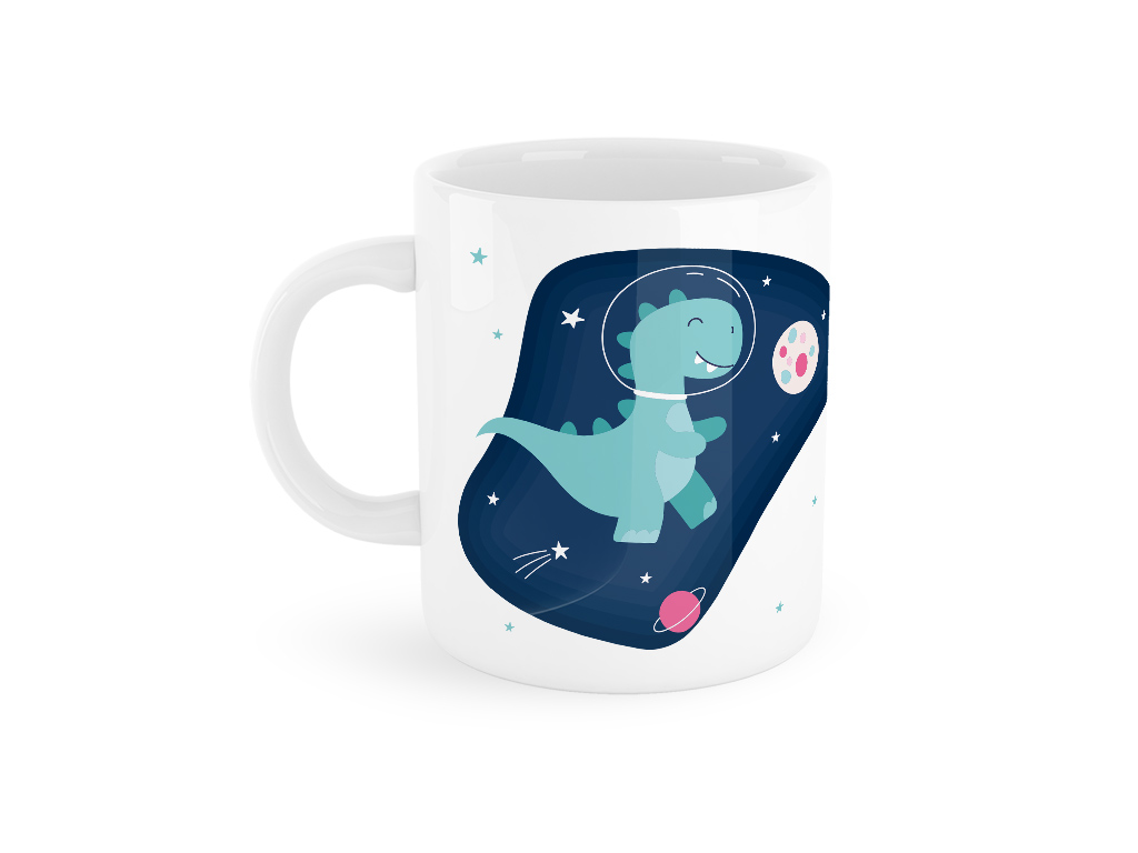 Tazza My Mug Dino con simpatico dinosauro che passeggia nello spazio come un astronauta. Fondo blu notte con pianeti