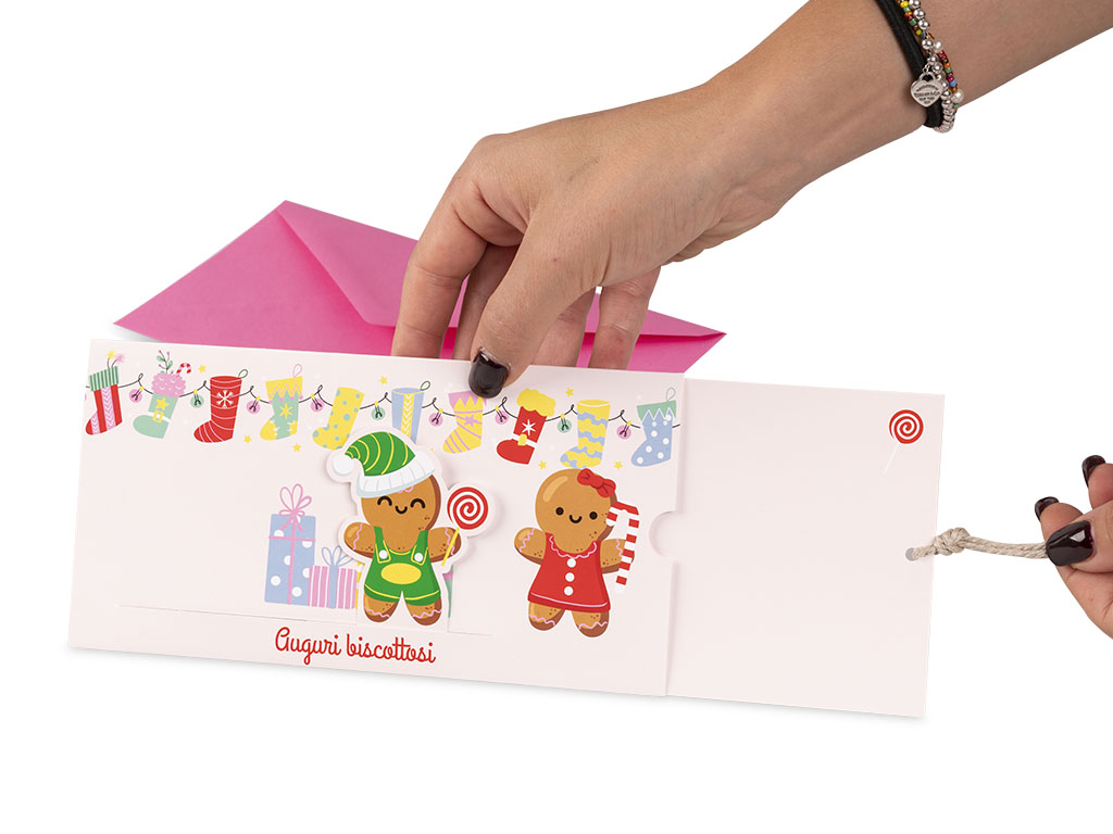 Dettaglio biglietto di Natale a scorrimento Auguri biscottosi