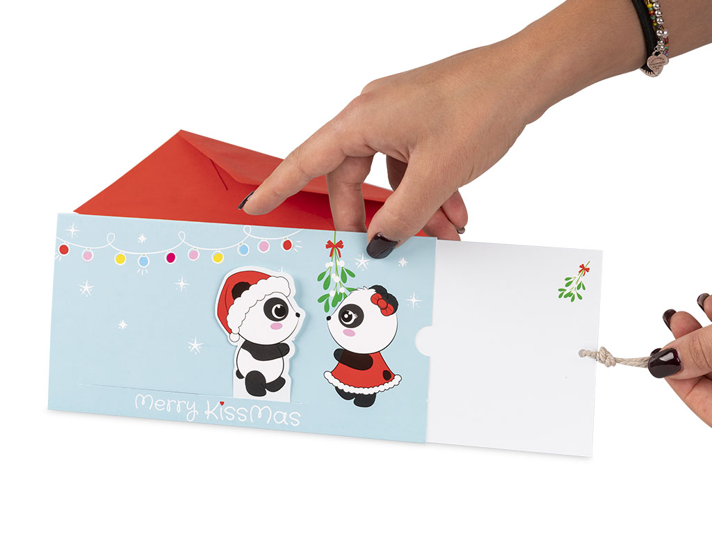 Dettaglio biglietto di Natale a scorrimento Panda Lovers
