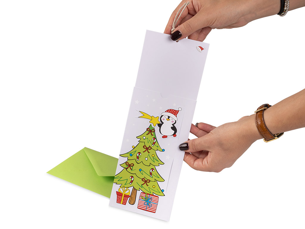 Dettaglio biglietto di Natale a scorrimento Pinguino