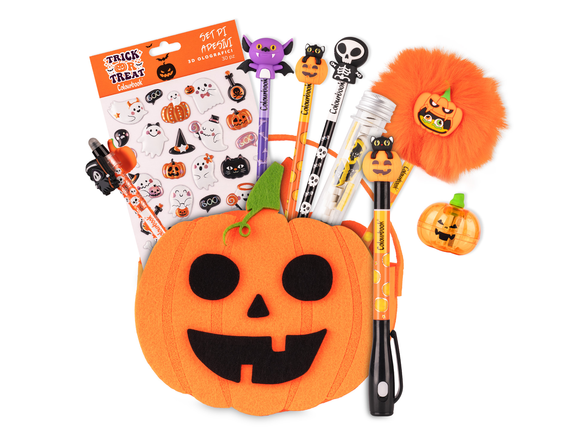 Kit di halloween con borsetta a forma di zucca che comprende gadget e minuteria